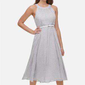 Tommy Hilfiger Chiffon Gray Polka Dot White Belt Midi Dress